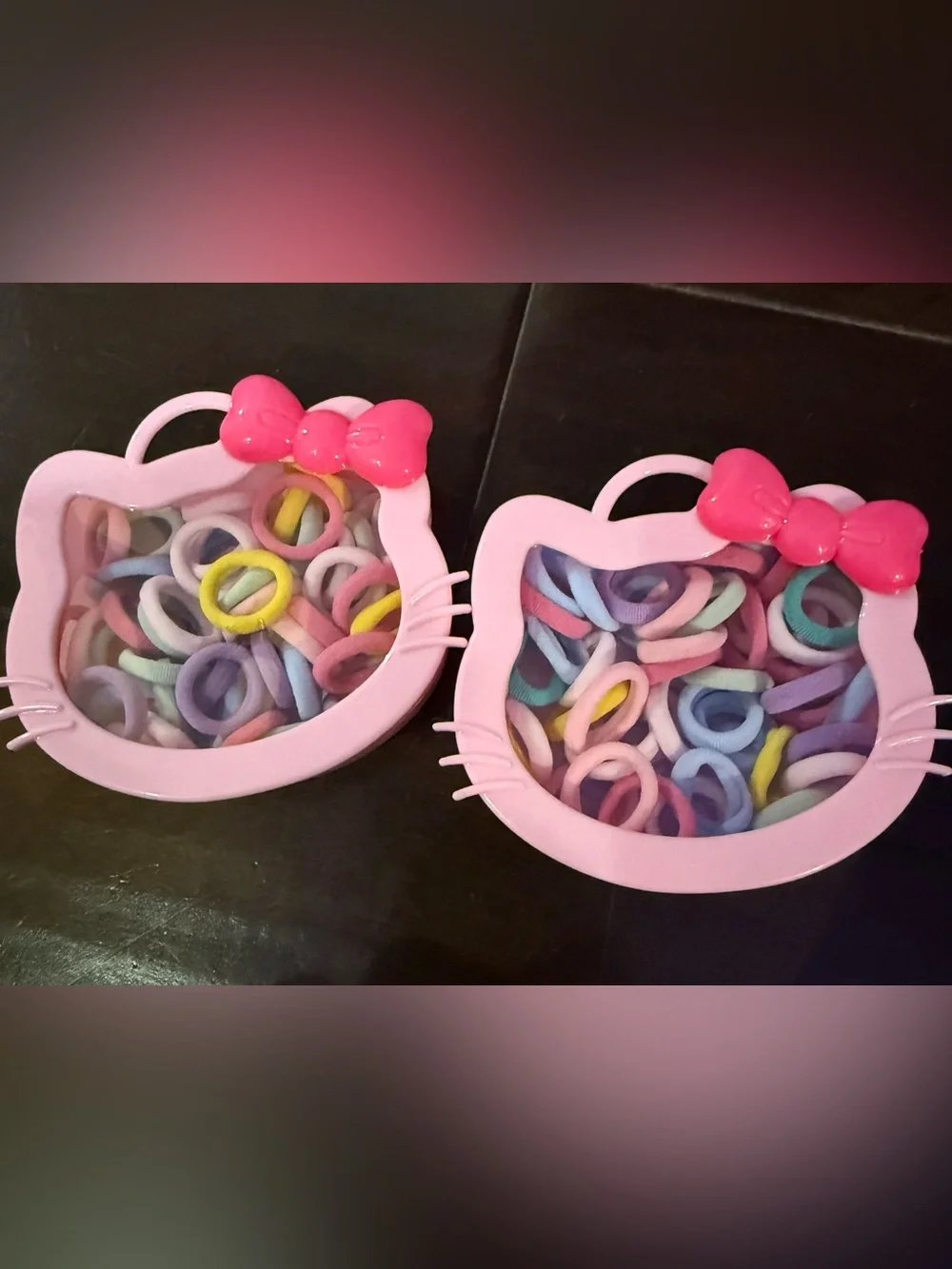 New Pink Kitty-Shaped Hair Tie Case with Pastel Elastics (one case)